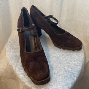 Specchio Italian brown suede Mary Janes with 3" heel and lug sole, size 40